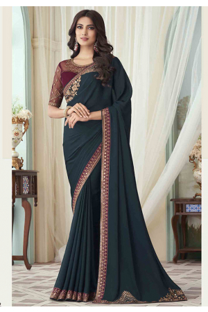 Teal Blue Silk Saree with Embroidered Blouse