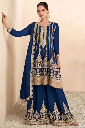 Cobalt Blue Embroidered Chinnon Palazzo Kameez