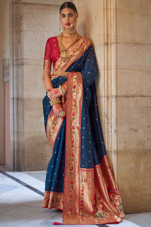 Cobalt Blue Paithani Weaving Silk Saree for Wedding