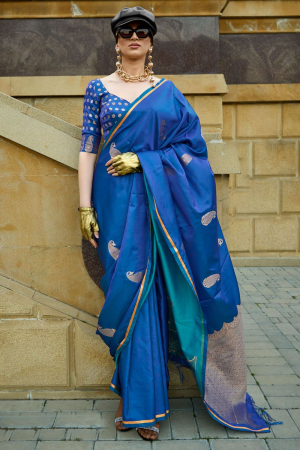 Cobalt Blue Pure Handloom Weaving Satin Silk Saree