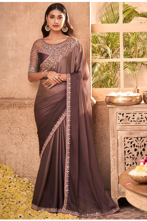 Cocoa Brown Silk Georgette Saree with Embroidered Blouse