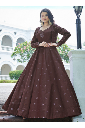 Coffee Brown Embroidered Cotton Gown with Jacket