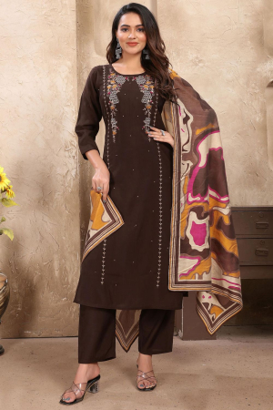 Coffee Brown Embroidered Silk Readymade Pant Kameez