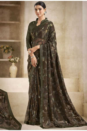 Coffee Brown Printed Party Wear Saree