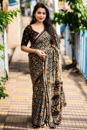 Coffee Brown Printed Party Wear Saree