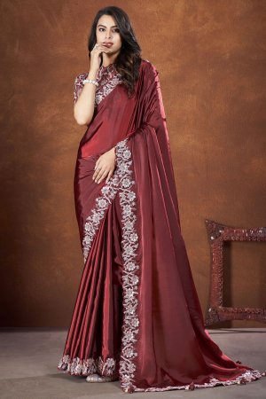 Copper Brown Crepe Satin Silk Saree with Readymade Blouse