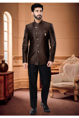 Copper Brown Jacquard Jodhpuri Suit