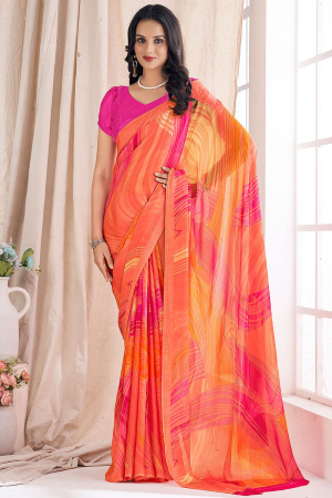 Coral Orange Printed Chiffon Saree with Contrast Blouse