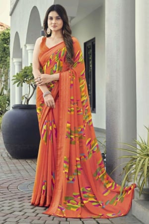 Coral Orange Printed Georgette Saree