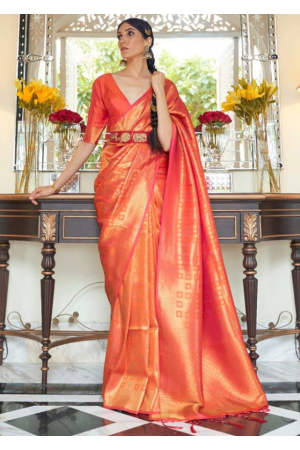 Coral Orange Weaving Handloom Silk Saree
