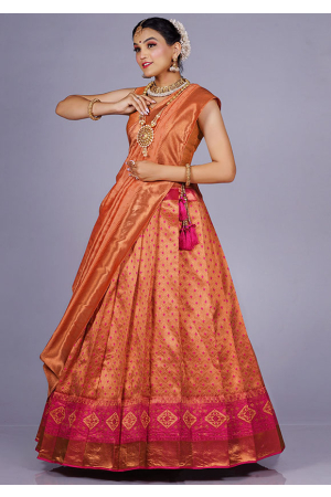 Coral Peach Banarasi Silk Zari Weaving Lehenga Choli Set