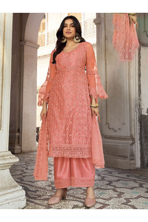 Coral Peach Embroidered Net Palazzo Kameez