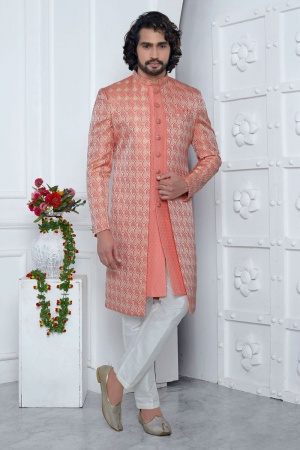 Coral Peach Jacquard Silk 3 Pc Indo Western Outfit