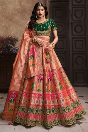 Coral Pink and Rani Pink Banarasi Designer Bridal Lehenga Choli