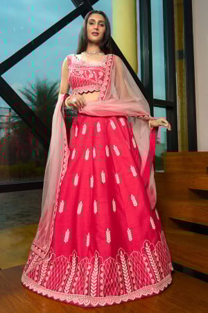 Coral Pink Art Silk Embroidered Lehenga Choli for Wedding