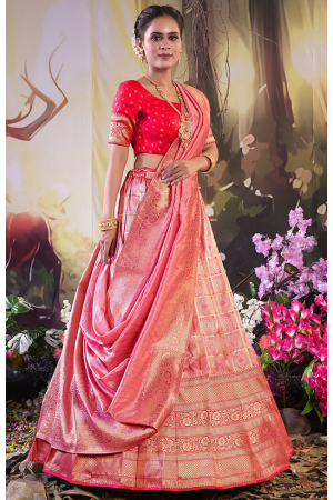 Coral Pink Banarasi Silk Lehenga Choli Set