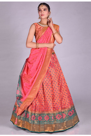 Coral Pink Banarasi Silk Zari Weaving Lehenga Choli Set