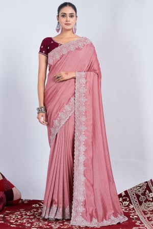 Coral Pink Embroidered Art Silk Saree