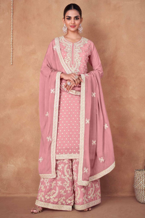 Coral Pink Embroidered Chinnon Palazzo Kameez