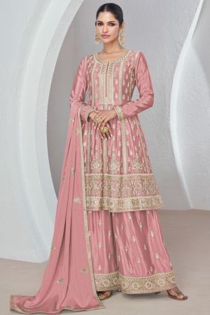 Coral Pink Embroidered Chinnon Silk Palazzo Kameez