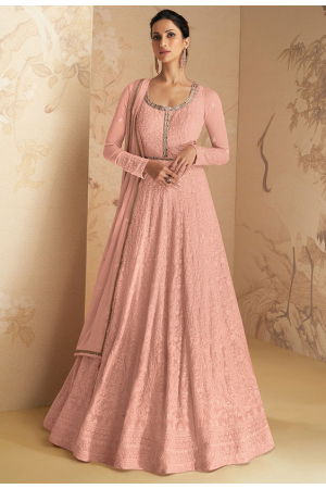 Coral Pink Embroidered Faux Georgette Anarkali Suit