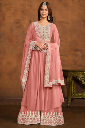 Coral Pink Embroidered Faux Georgette Palazzo Kameez