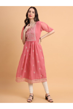 Coral Pink Embroidered Georgette Kurti