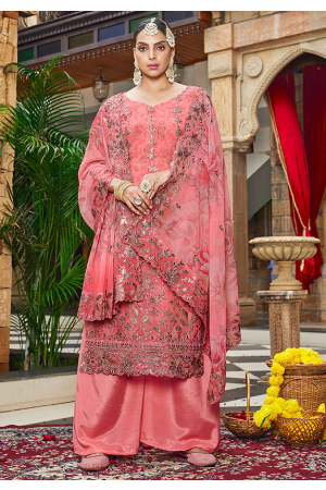 Coral Pink Embroidered Georgette Palazzo Kameez