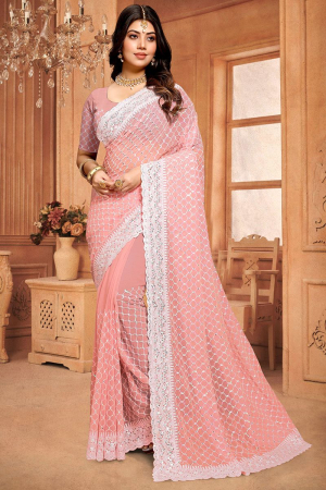 Coral Pink Embroidered Georgette Saree