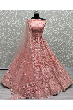 Coral Pink Embroidered Net Bridal Lehenga Choli