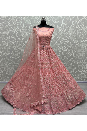 Coral Pink Embroidered Net Bridal Lehenga Choli