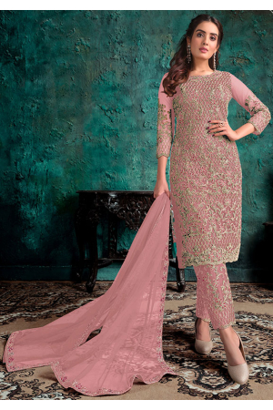Coral Pink Embroidered Net Pant Kameez