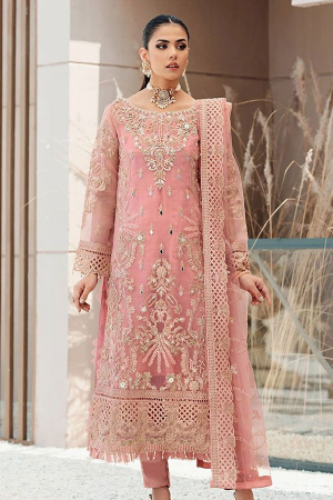 Coral Pink Embroidered Organza Pant Kameez