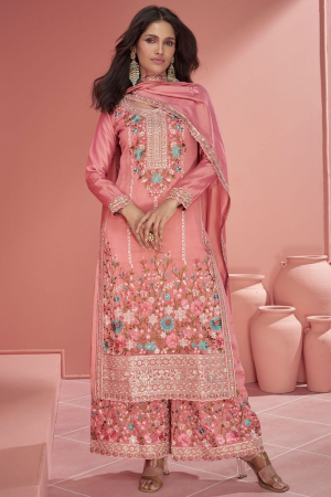 Coral Pink Embroidered Organza Shimmer Silk Palazzo Kameez