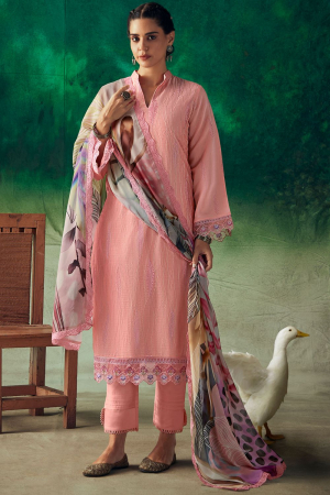 Coral Pink Embroidered Pure Muslin Plus Size Suit