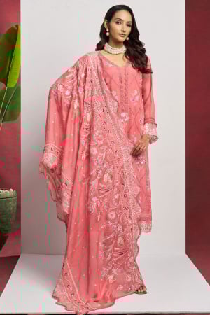 Coral Pink Embroidered Pure Organza Pant Kameez