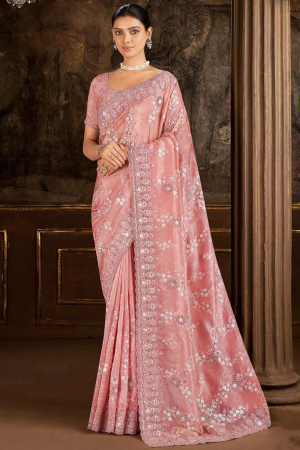 Coral Pink Embroidered Silk Designer Saree