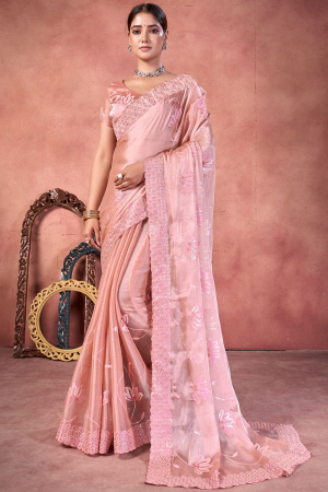 Coral Pink Embroidered Silk Saree for Party