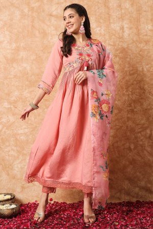 Coral Pink Embroidered Viscose Readymade Pant Kameez