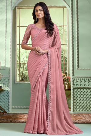 Coral Pink Georgette Silk Saree with Embroidered Blouse