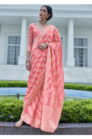Coral Pink Lucknowi Woven Silk Saree