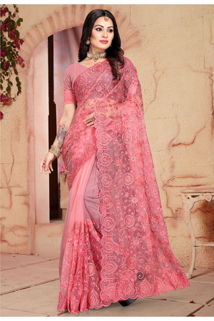 Coral Pink Net Heavy Embroidered Saree