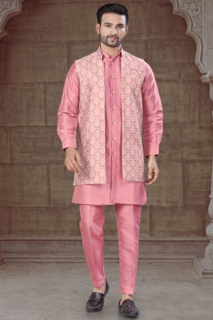 Coral Pink Pure Silk Men Indo Western