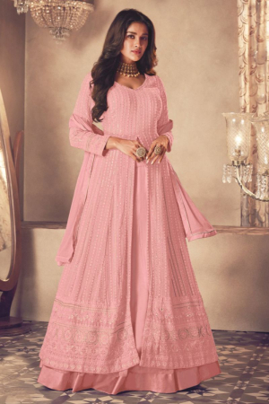 Coral Pink Resham Embroidered Georgette Lehenga Kameez