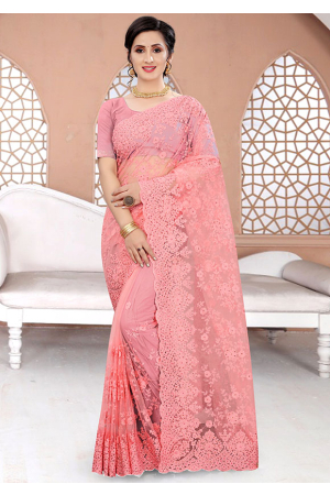 Coral Pink Resham Embroidered Net Saree