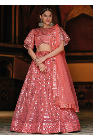 Coral Pink Sequined Net Designer Lehenga Choli