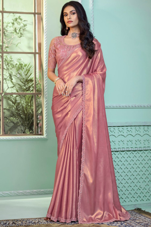 Coral Pink Shimmer Georgette Saree with Embroidered Blouse