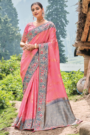 Coral Pink Silk Heavy Designer Saree