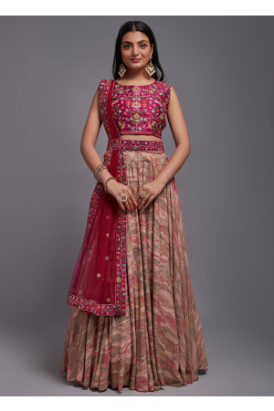 Coral Pink Viscose Lehenga with Embroidered Choli