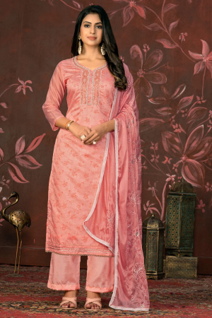 Coral Pink Woven Hand Work Readymade Suit